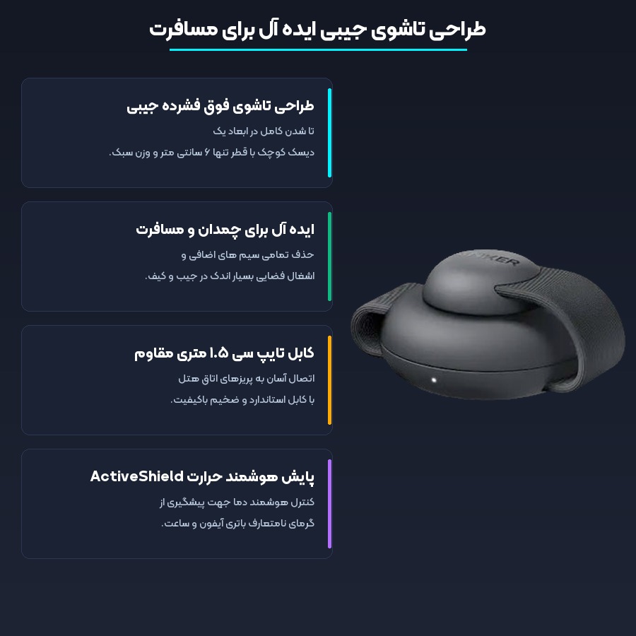 ابعاد جیبی و قابلیت های مسافرتی شارژر انکر مدل MagGo Qi2 B25M8