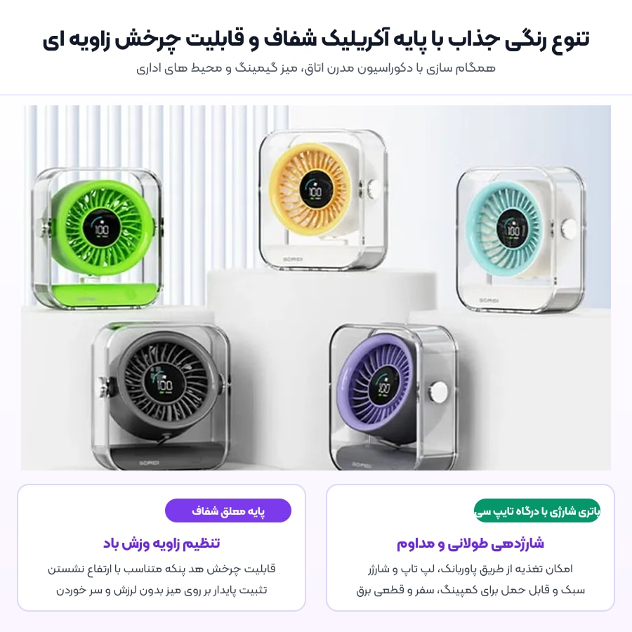 پنکه رومیزی شارژی بومیدی Bomidi مدل Portable 7-Blade Desktop Fan DF03 5 تنوع رنگی جذاب و پایه آکریلیک شفاف پنکه رومیزی بومیدی DF03
