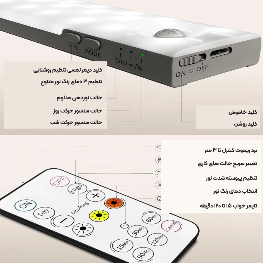 چراغ سنسور دار کابینتی ایزوالو EZVALO مدل 6Pack EZL2414A 5 تنظیمات و ریموت کنترل چراغ سنسور دار ایزوالو