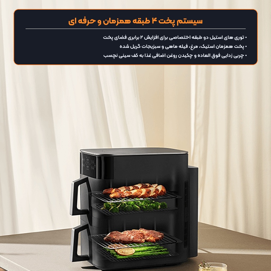 هواپز دوقلو شیائومی Xiaomi مدل Smart Double Stack Air Fryer 12L MAF-DS1201 6 پخت طبقاتی استیک و سبزیجات با توری های گریل در هواپز دوقلو شیائومی