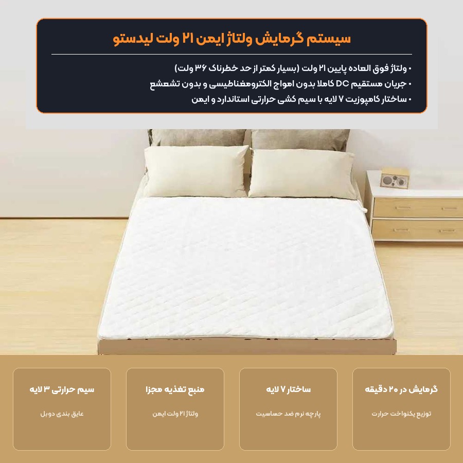 پتوی برقی دو نفره لیدستو Lydsto مدل XD-DRT120W-05 4 سیستم ولتاژ ایمن ۲۱ ولت پتوی برقی لیدستو بدون تشعشع