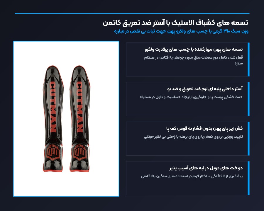 ساق روپایی تکواندو ارگونومیک کاتمن Cutman مدل Pro Fighter 5 تسمه های کشباف الاستیک با آستر ضد تعریق کاتمن