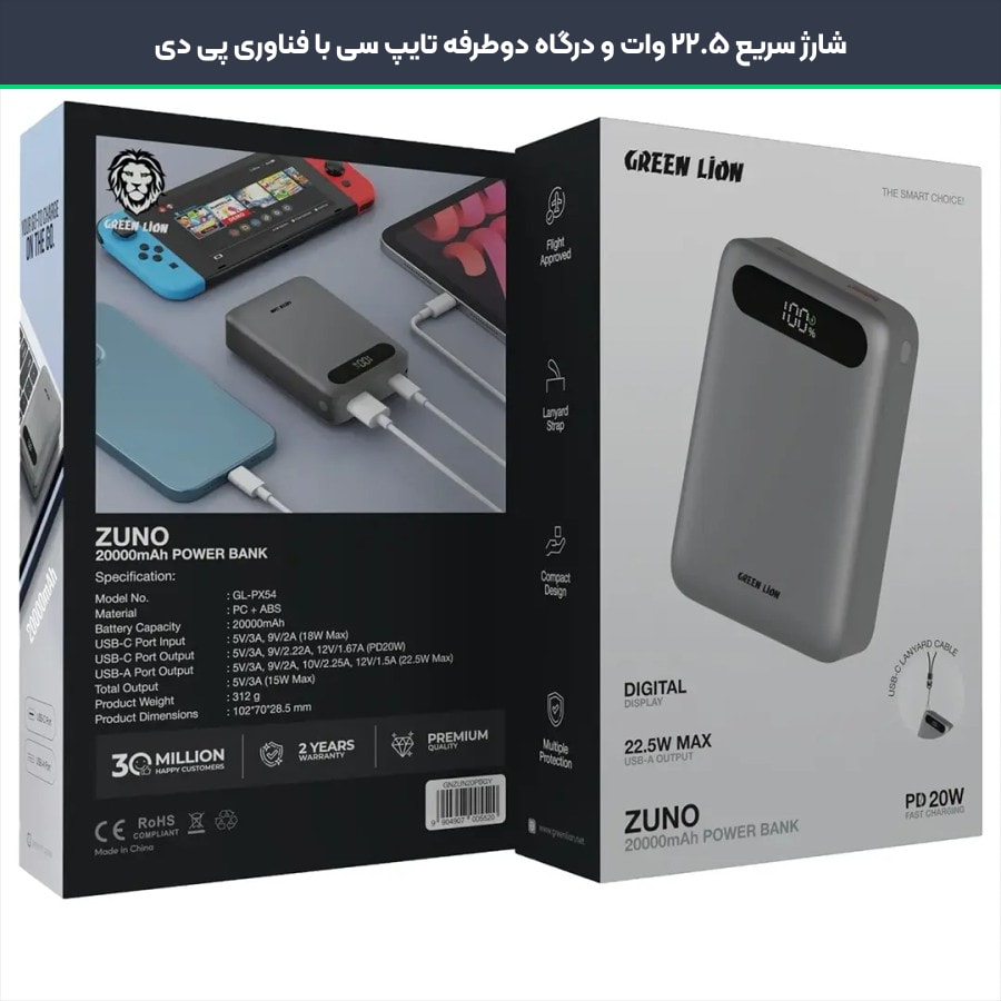 شارژ سریع ۲۲.۵ وات و درگاه دوطرفه تایپ سی با فناوری پی دی در پاوربانک گرین لاین Zuno 20000
