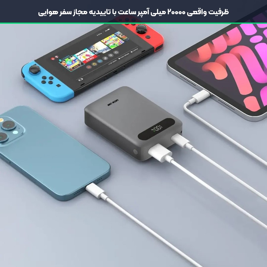 ظرفیت واقعی ۲۰۰۰۰ میلی آمپر ساعت با تاییدیه مجاز سفر هوایی در پاوربانک گرین لاین Zuno 20000