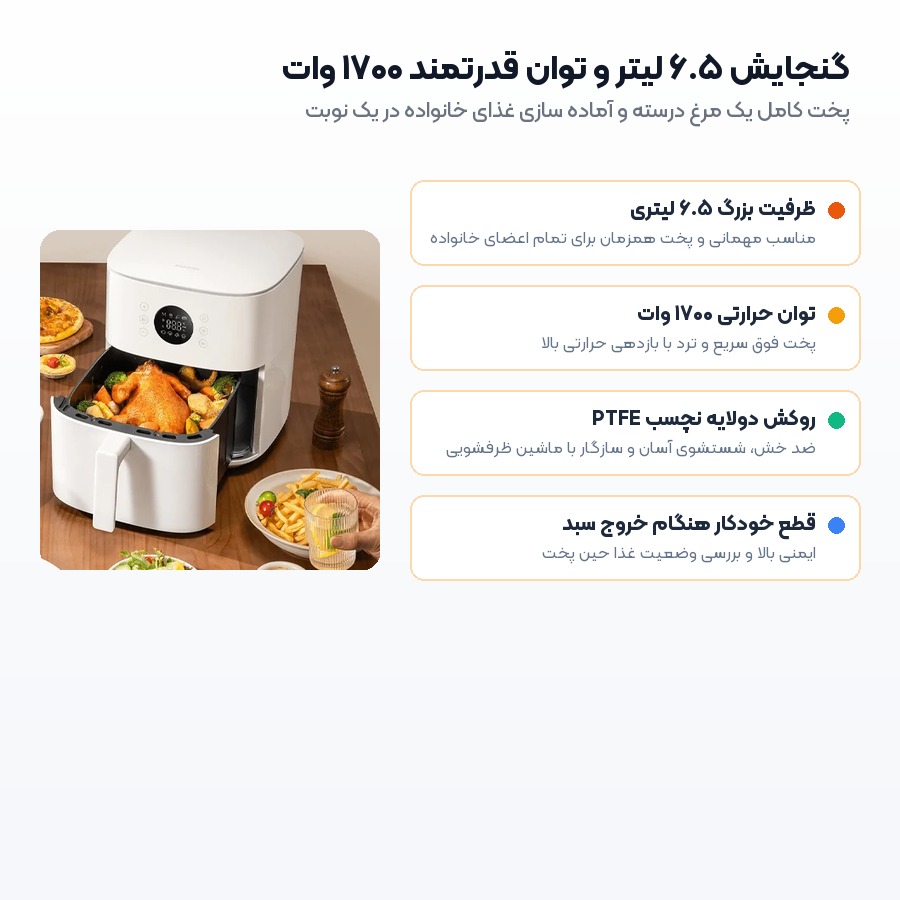 ظرفیت 6.5 لیتری و توان 1700 وات در سرخ کن بدون روغن شیائومی