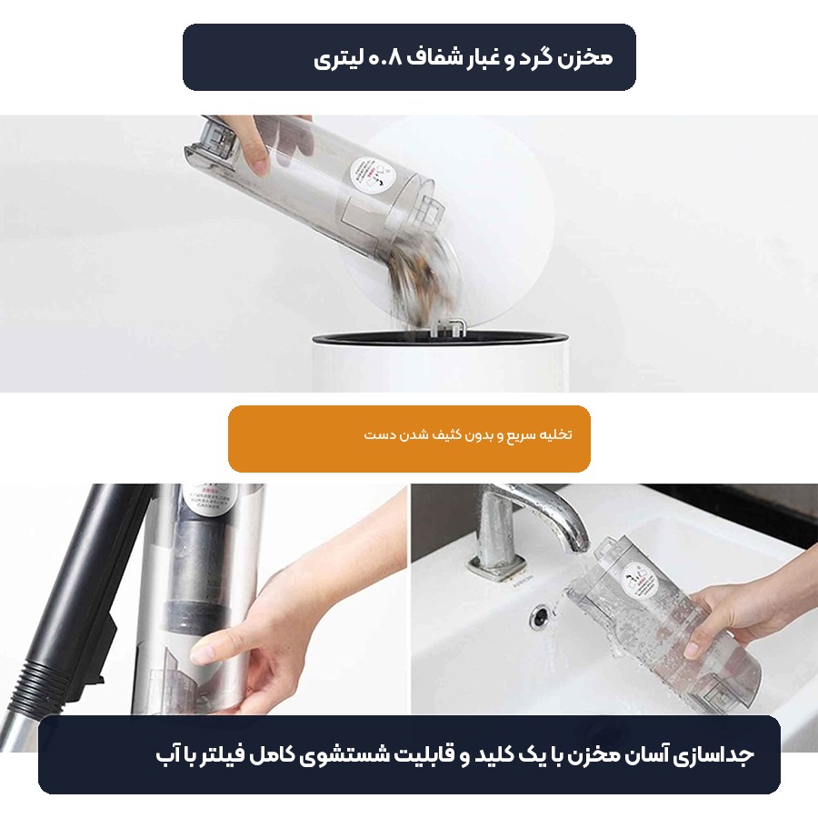 مخزن زباله ۰.۸ لیتری و فیلتر قابل شستشو جاروبرقی درما DX600