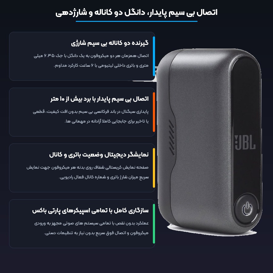 میکروفون بی سیم دو عددی جی بی ال JBL مدل Wireless Microphone Set 6 مشخصات فنی دانگل گیرنده شارژی، برد ۱۰ متری و سازگاری میکروفون بی سیم جی بی ال