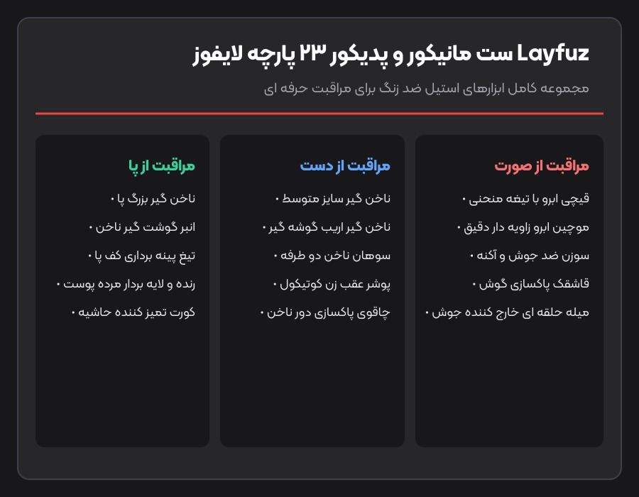 ست مانیکور و پدیکور لایفوز Layfuz مدل 23 پارچه 5 ست مانیکور لایفوز - راهنمای فارسی قطعات ست مانیکور و پدیکور ۲۳ پارچه لایفوز