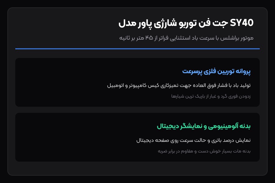 جت فن توربو شارژی پاور Power مدل SY-40 5 جت فن توربو شارژی پاور - مشخصات موتور براشلس و پروانه فلزی جت فن توربو شارژی پاور مدل SY-40