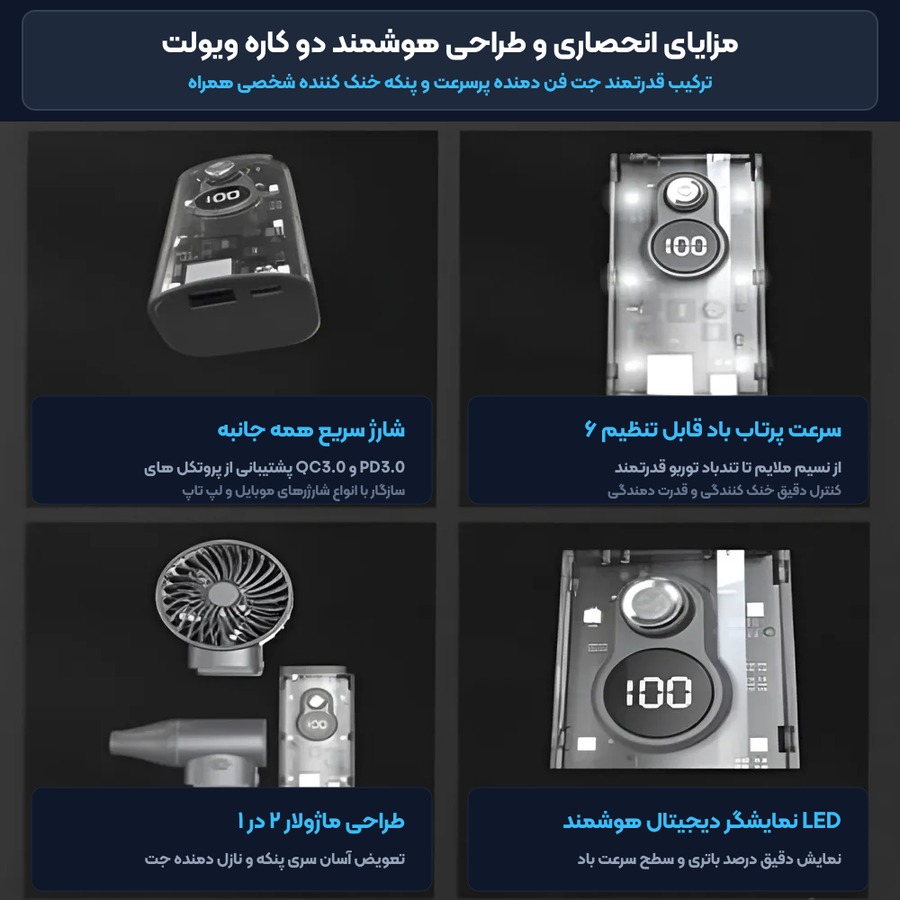 جت فن توربو و پنکه شارژی ۲ در ۱ ویولت Violent مدل SY002 5 امکانات و نمایشگر دیجیتال جت فن شارژی ویولت