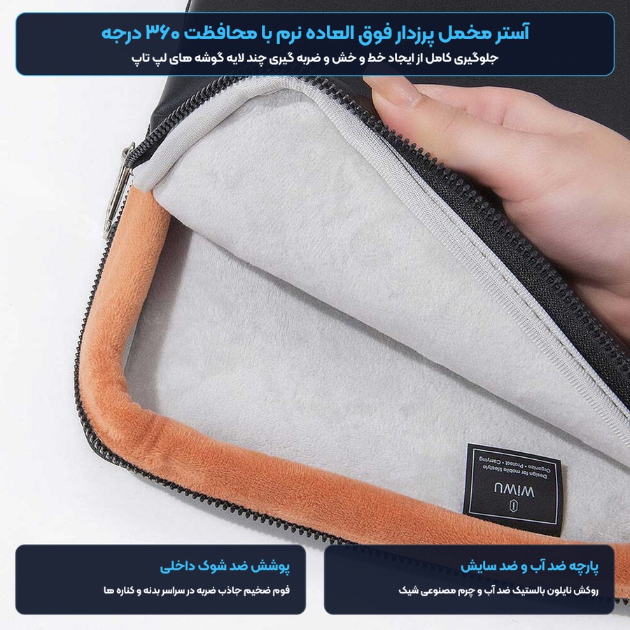 کیف دستی و رودوشی لپ تاپ ۱۵.۶ اینچ ضد آب ویوو WIWU مدل Hali Laptop Bag 5 آستر مخملی ضد خش و ضربه گیر گوشه های کیف لپ تاپ ویوو
