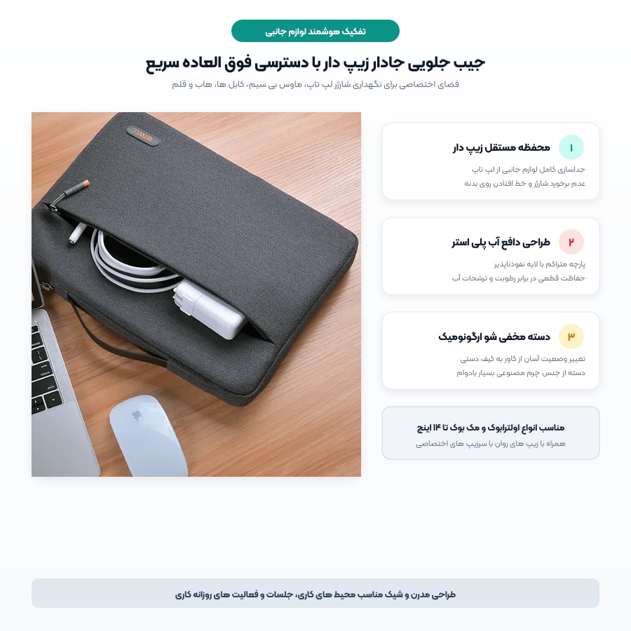 کیف دستی و کاور لپ تاپ ویوو WIWU مدل Pilot Sleeve 14 Inch 5 جیب زیپ دار جلویی و سازماندهی اکسسوری کیف دستی لپ تاپ ویوو