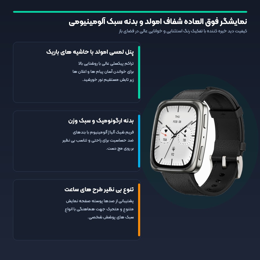 ساعت هوشمند امیزفیت Amazfit مدل Active 2 Square 4 نمایشگر فوق العاده شفاف امولد در ساعت هوشمند امیزفیت Active 2