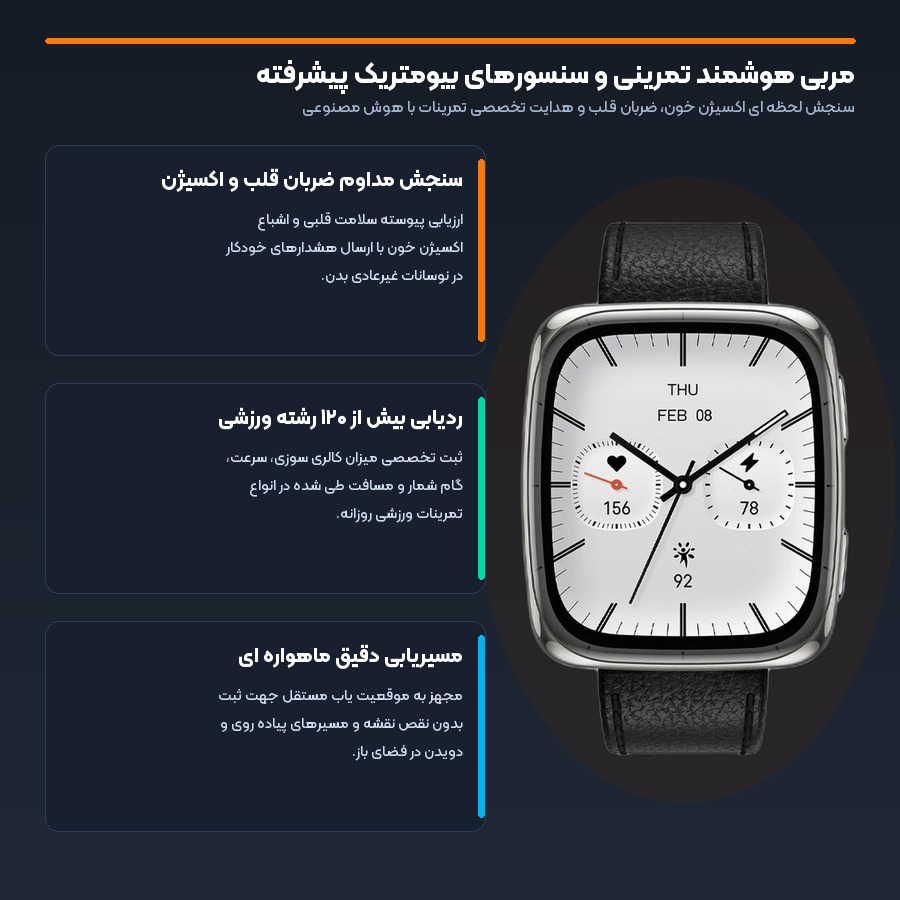 ساعت هوشمند امیزفیت Amazfit مدل Active 2 Square 5 مربی هوشمند تمرینی و سنسورهای پیشرفته در ساعت هوشمند امیزفیت Active 2