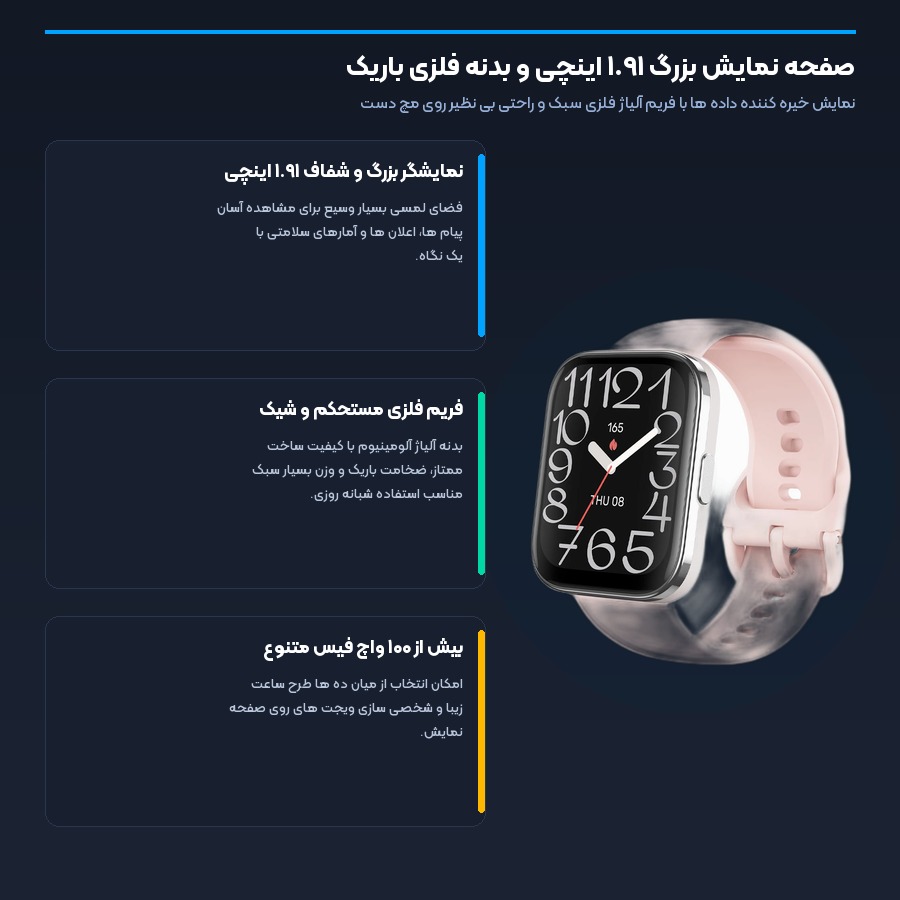 ساعت هوشمند امیزفیت Amazfit Bip 5 Unity 5 نمایشگر بزرگ ۱.۹۱ اینچی و فریم فلزی باریک در ساعت هوشمند امیزفیت Bip 5 Unity