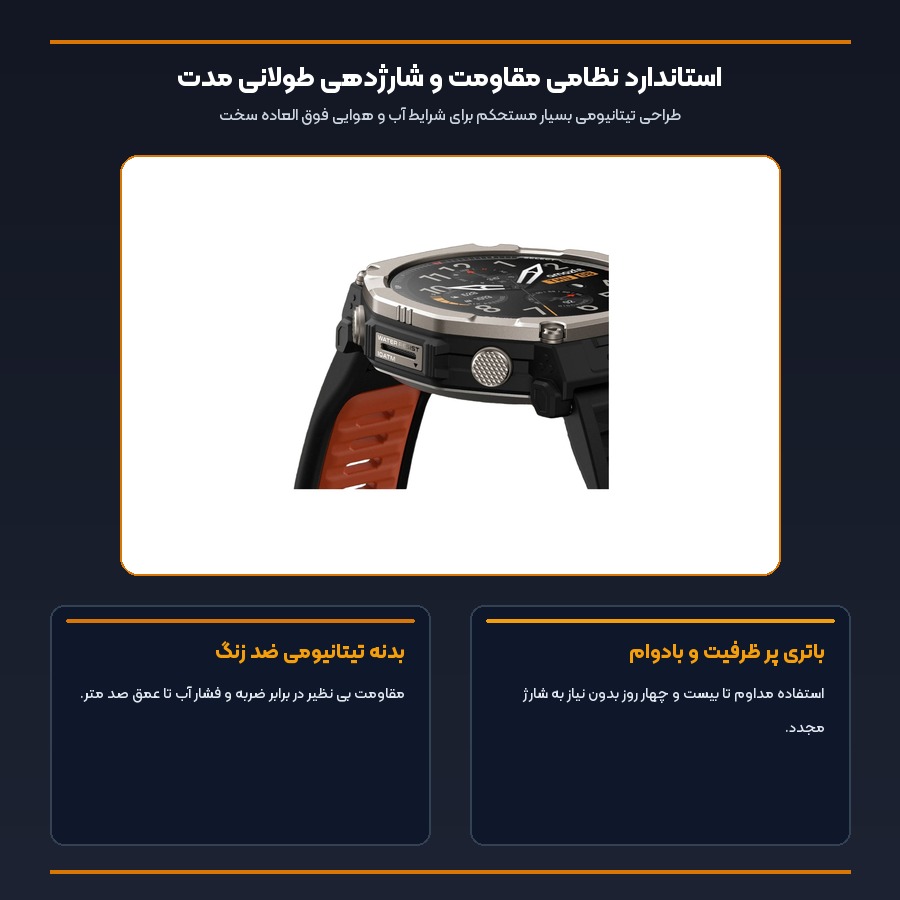 ساعت هوشمند امیزفیت Amazfit مدل T-Rex Ultra 2 5 اینفوگرافیک مقاومت نظامی و شارژدهی باتری ساعت هوشمند امیزفیت T-Rex Ultra 2