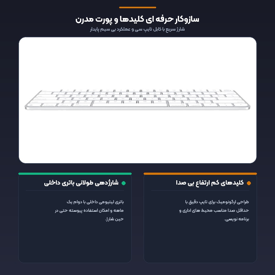 مجیک کیبورد اپل Magic Keyboard با تاچ آیدی مدل A3118 پورت Type-C پارت نامبر MXCK3 5 اینفوگرافیک شارژدهی فراتر از یک ماه و کلیدهای روان مجیک کیبورد اپل با تاچ آیدی