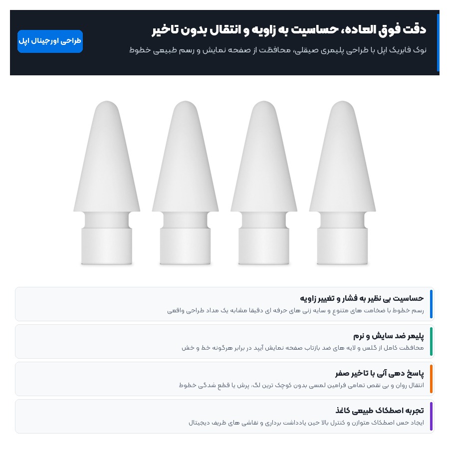 اینفوگرافیک دقت بالا و حساسیت به زاویه سری نوک قلم لمسی اپل مدل Pencil Tips بسته 4 عددی