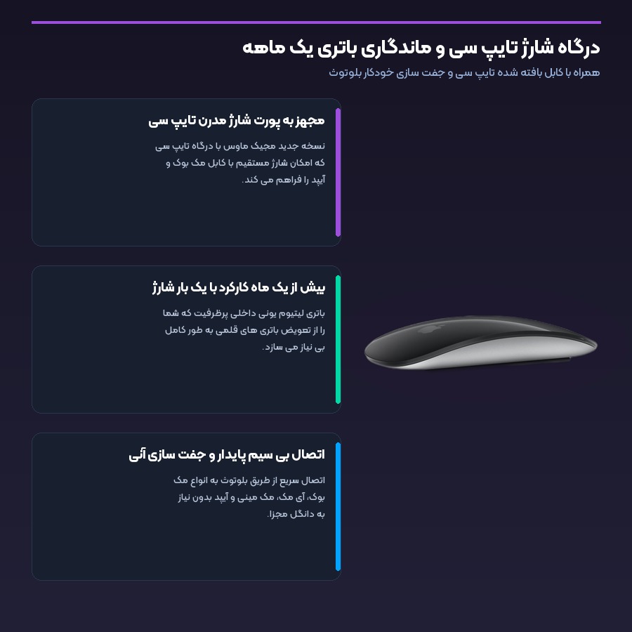 ماوس بی سیم چند لمسی اپل Apple مدل Magic Mouse USB-C A3204 6 درگاه شارژ تایپ سی و ماندگاری باتری یک ماهه در مجیک ماوس اپل تایپ سی