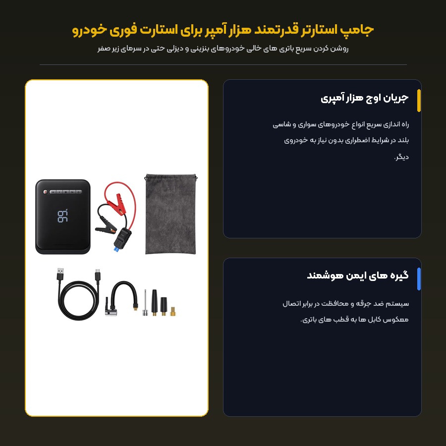 جامپ استارتر و پمپ باد بیسوس Baseus مدل BS-CH003 ظرفیت 8000 میلی آمپر 4 جامپ استارتر قدرتمند هزار آمپر برای استارت فوری خودرو بیسوس CH003