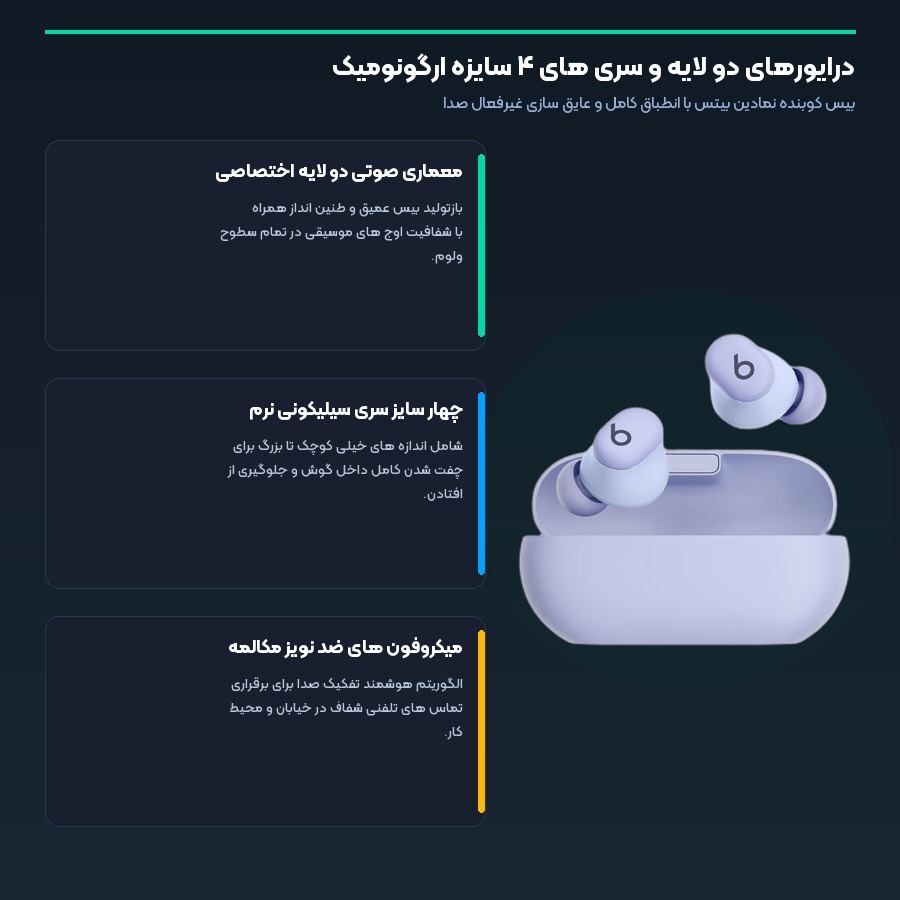 هندزفری بلوتوثی بیتس Beats مدل Solo Buds 5 درایورهای دو لایه و سری های ۴ سایزه ارگونومیک در هندزفری بلوتوثی بیتس سولو بادز