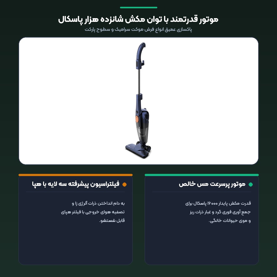 جارو برقی عصایی و دستی درما Deerma مدل DX118C Pro 4 اینفوگرافیک قدرت مکش ۱۶۰۰۰ پاسکال و فیلتر هپا در جارو برقی دوکاره درما DX118C Pro