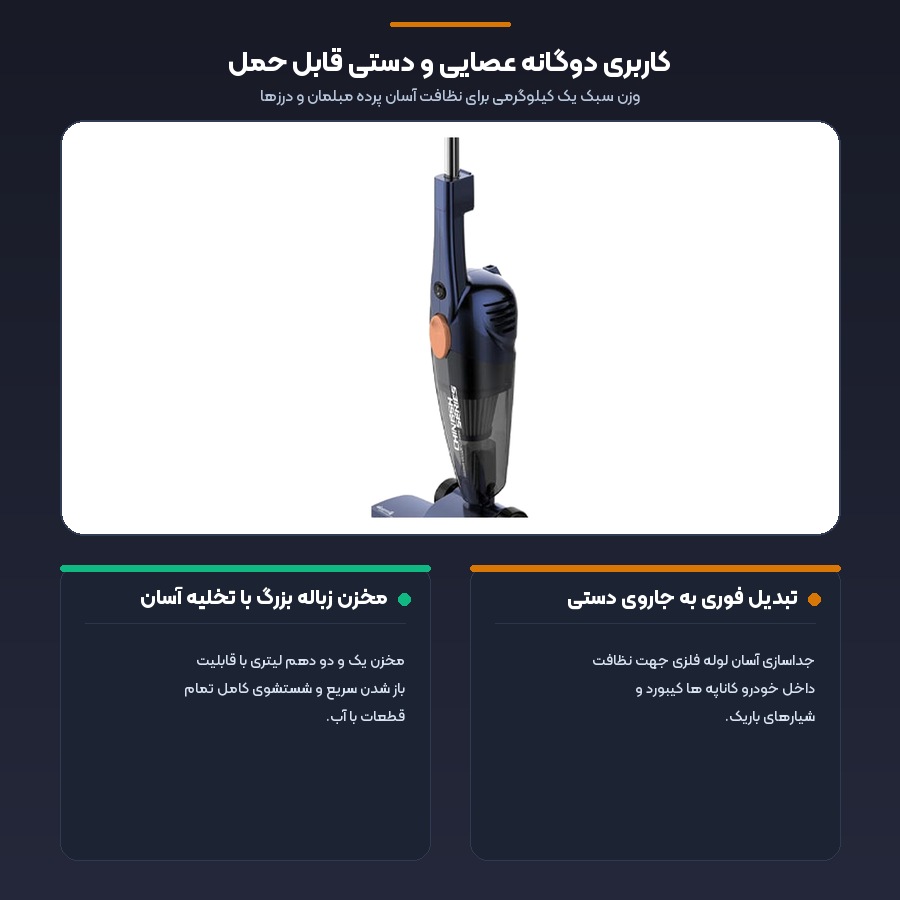 جارو برقی عصایی و دستی درما Deerma مدل DX118C Pro 5 اینفوگرافیک کاربری دوگانه عصایی و دستی با وزن سبک در جارو برقی درما مدل DX118C Pro