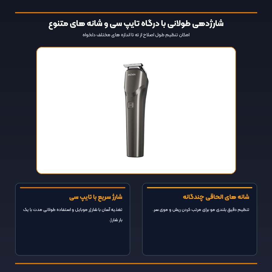 اینفوگرافیک شارژ با درگاه تایپ سی ماشین اصلاح سر و صورت انچن Beardo 2