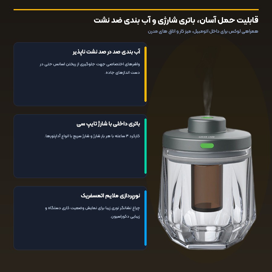 خوشبو کننده 130 میلی لیتر گرین لاین Green Lion مدل ALPS 5 قابلیت حمل آسان و باتری شارژی خوشبو کننده 130 میلی لیتر گرین لاین مدل ALPS