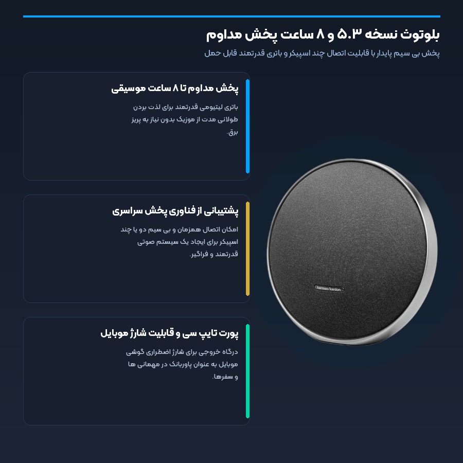 اسپیکر هارمن کاردن Harman Kardon Onyx Studio 9 5 بلوتوث نسخه ۵.۳ و ۸ ساعت شارژدهی باتری در اسپیکر هارمن کاردن اونیکس استودیو ۹