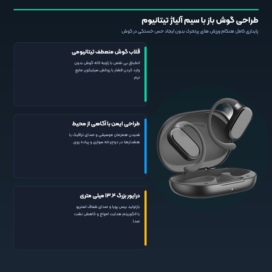 طراحی گوش باز با سیم آلیاژ تیتانیوم در هندزفری بلوتوثی آنر چویس اوپن ایر