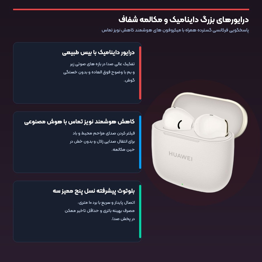 درایور داینامیک پیشرفته و وضوح بیس در هندزفری بلوتوثی هواوی
