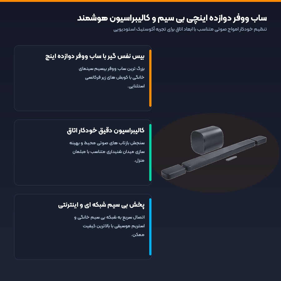 ساب ووفر دوازده اینچی بی سیم و کالیبراسیون هوشمند در ساندبار پرچمدار جی بی ال