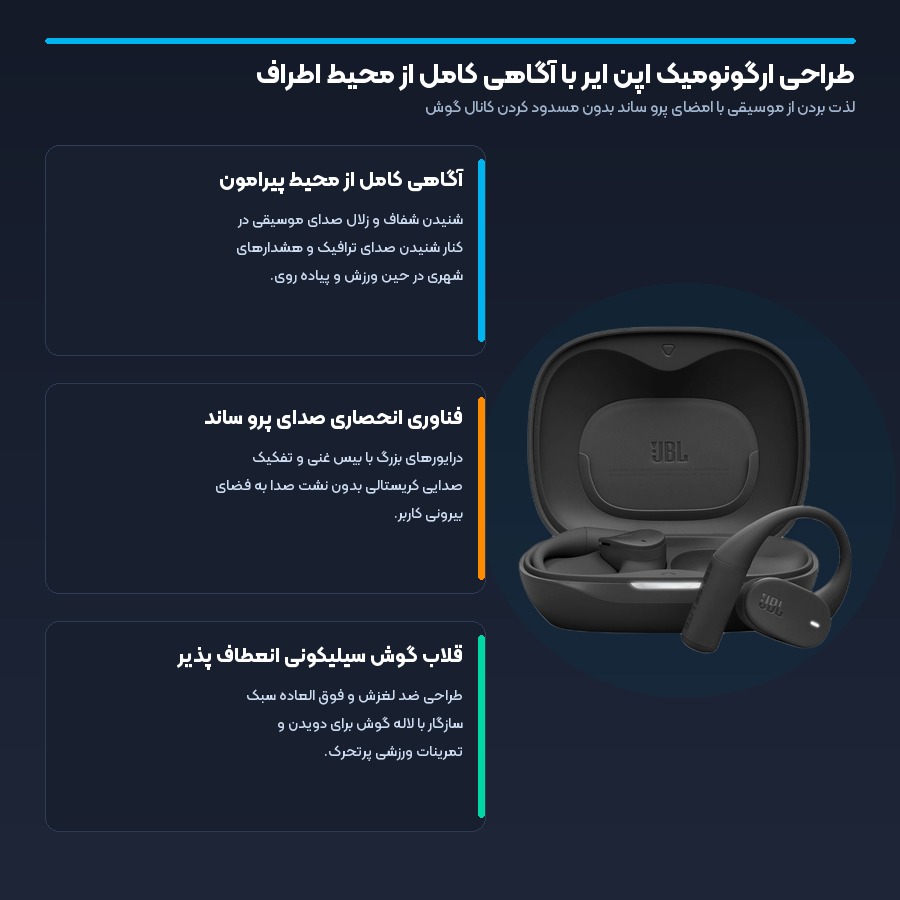 طراحی ارگونومیک اپن ایر با آگاهی کامل از محیط اطراف در هندزفری بلوتوثی جی بی ال