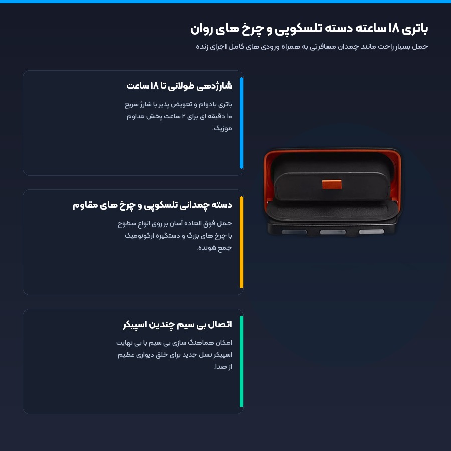 اسپیکر بلوتوثی جی بی ال JBL مدل PartyBox Stage 320 5 شارژدهی ۱۸ ساعته و دسته چمدانی تلسکوپی در اسپیکر پارتی باکس ۳۲۰