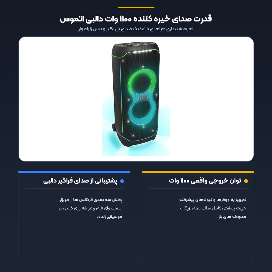 اسپیکر بلوتوثی جی بی ال JBL مدل PartyBox Ultimate 4 اینفوگرافیک توان خروجی ۱۱۰۰ وات آر ام اس و فناوری صدای فراگیر دالبی اتموس اسپیکر پارتی باکس التیمیت جی بی ال