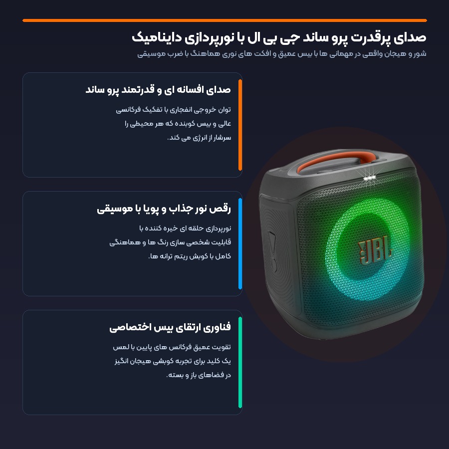 اسپیکر قابل حمل جی بی ال JBL مدل PartyBox Encore Essential 2 4 صدای پرقدرت پرو ساند با نورپردازی داینامیک در اسپیکر پارتی باکس جی بی ال