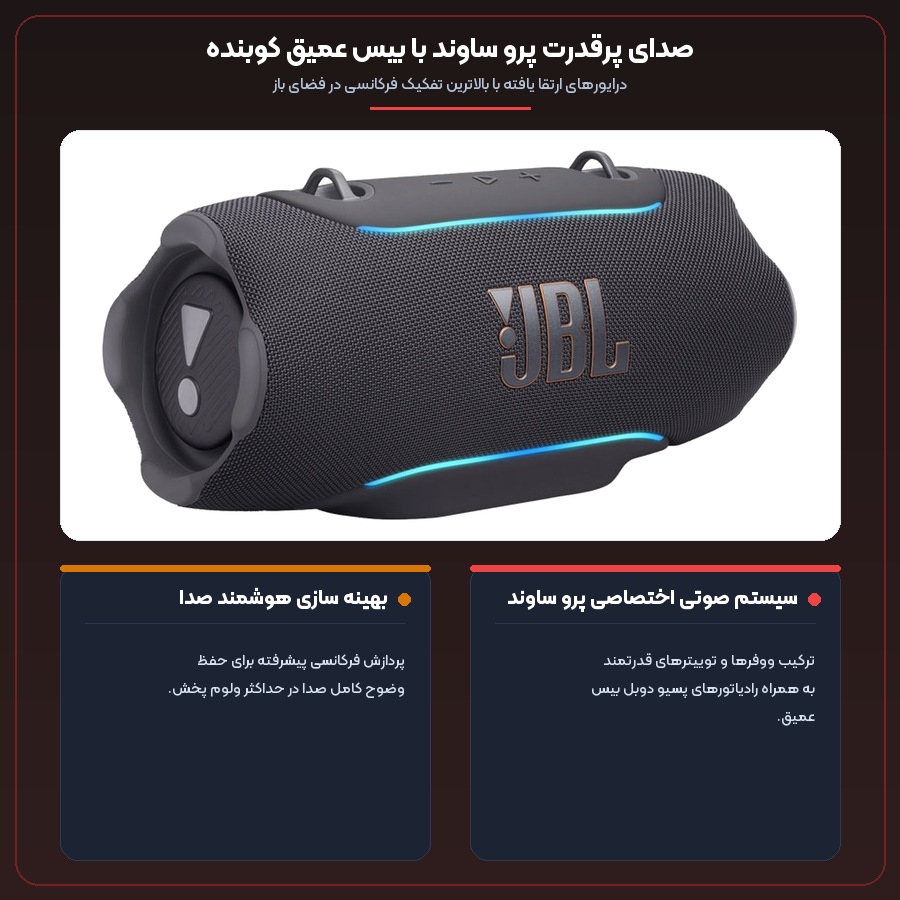 اسپیکر بلوتوثی قابل حمل جی بی ال JBL مدل Xtreme 5 4 اینفوگرافیک سیستم صوتی پرو ساوند و تفکیک فرکانس اسپیکر قابل حمل جی بی ال Xtreme 5