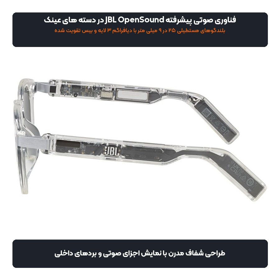 عینک آفتابی صوتی بلوتوثی جی بی ال JBL مدل Soundgear Frames Round 4 فناوری صوتی پیشرفته JBL OpenSound در دسته های عینک صوتی جی بی ال