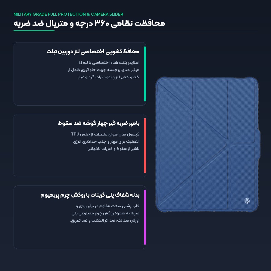 محافظ کشویی لنز دوربین و بامپرهای ضد ضربه ۳۶۰ درجه کیف آیپد نیلکین