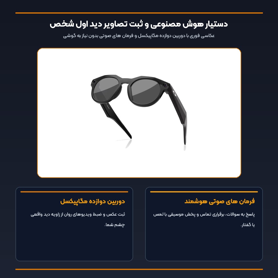 عینک هوشمند اوکلی متا Oakley Meta مدل HSTN لنز مشکی پلاریزه 00W8002 5 اینفوگرافیک دوربین 12 مگاپیکسل و دستیار صوتی هوش مصنوعی در عینک اوکلی متا HSTN