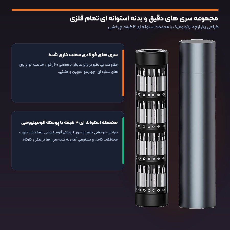 مجموعه سری های دقیق فولادی و محفظه استوانه ای ۴ طبقه پیچ گوشتی برقی اوریا مدل 882070