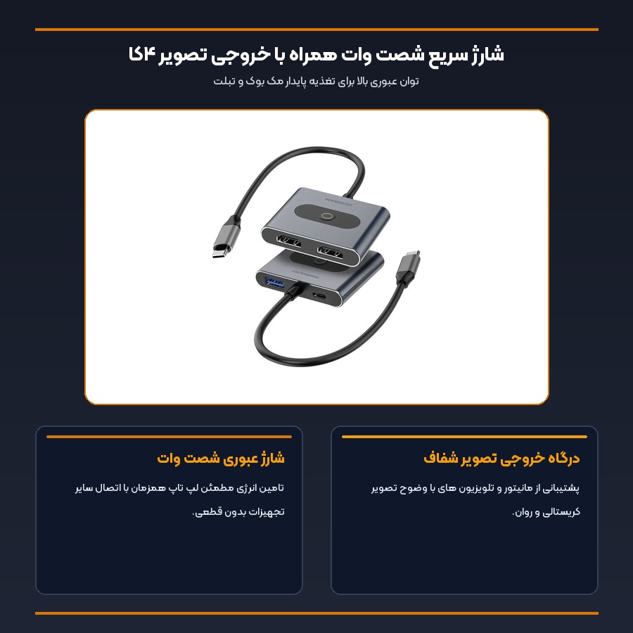 اینفوگرافیک شارژ سریع شصت وات و خروجی تصویر هاب پاورولوژی PWFX2508A