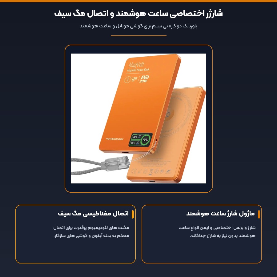 پاوربانک وایرلس مگ سیف پاورولوژی Powerology مدل MegaVolt PPBCHA62 ظرفیت 5000 میلی آمپر ساعت 5 شارژر اختصاصی ساعت هوشمند و اتصال مگ سیف در پاوربانک وایرلس پاورولوژی