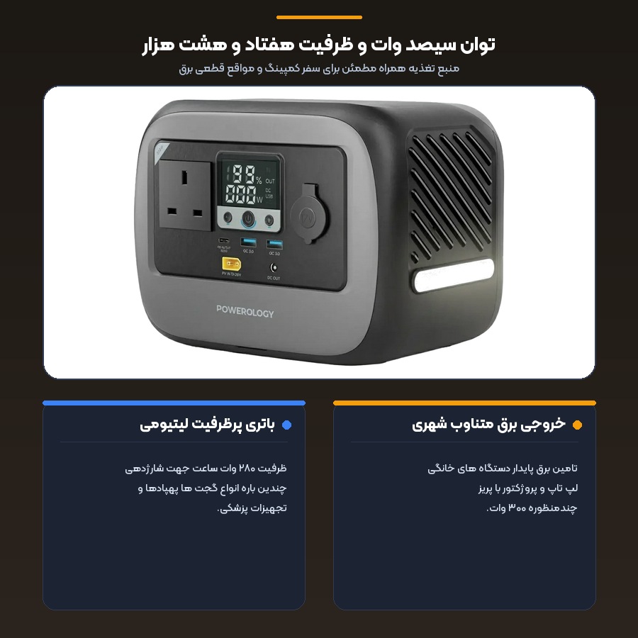 اینفوگرافیک توان خروجی ۳۰۰ وات و ظرفیت باتری ۲۸۰ وات ساعت پاور استیشن قابل حمل پاورولوژی Pater I