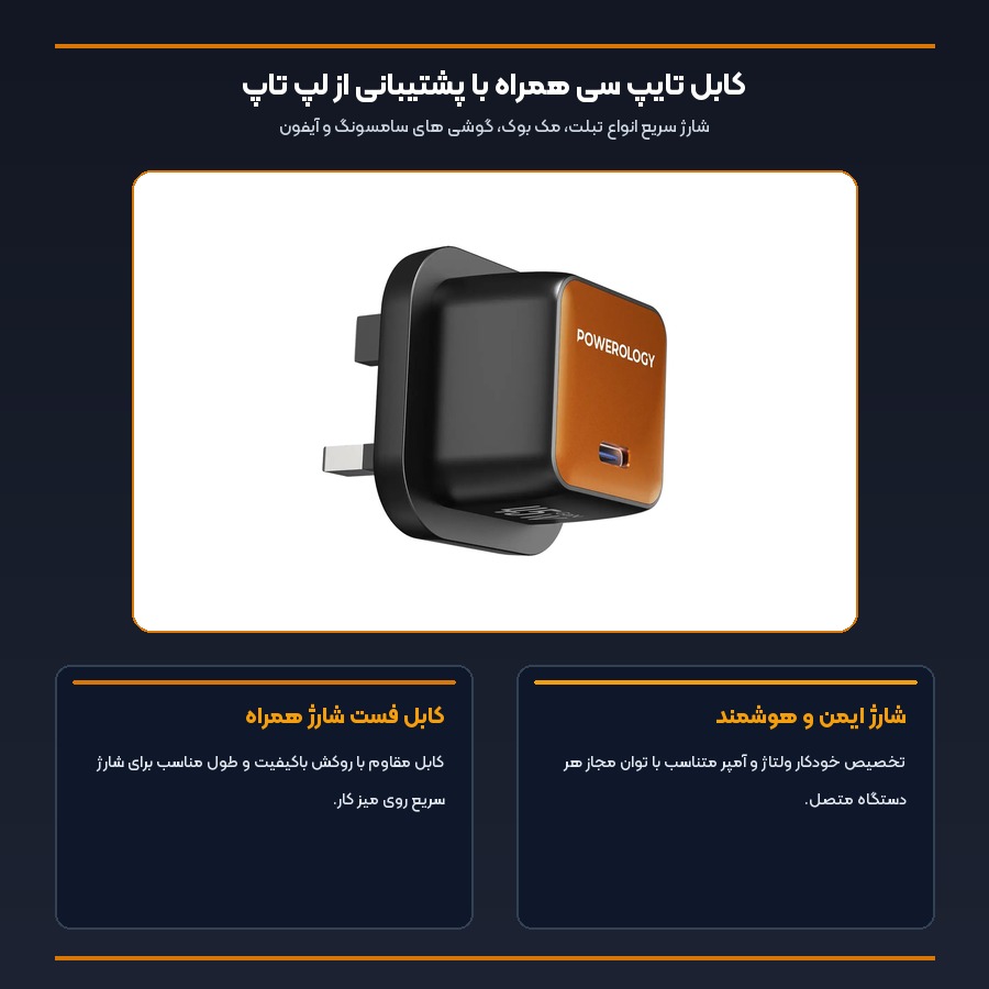 شارژر دیواری فست شارژ 45 وات گن پاورولوژی Powerology مدل QX GaN PWCUQC055 به همراه کابل 5 اینفوگرافیک کابل تایپ سی همراه شارژر 45 وات گن پاورولوژی PWCUQC055