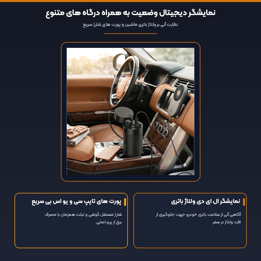 اینورتر برق خودرو 200 وات پاورولوژی Powerology مدل PWCPI200W 5 نمایشگر دیجیتال وضعیت به همراه درگاه های متنوع در اینورتر 200 وات پاورولوژی