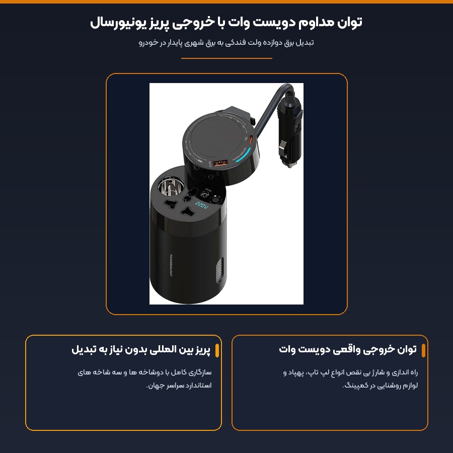 اینورتر برق خودرو 200 وات پاورولوژی Powerology مدل PWCPI200W 4 توان مداوم دویست وات با خروجی پریز یونیورسال در اینورتر 200 وات پاورولوژی