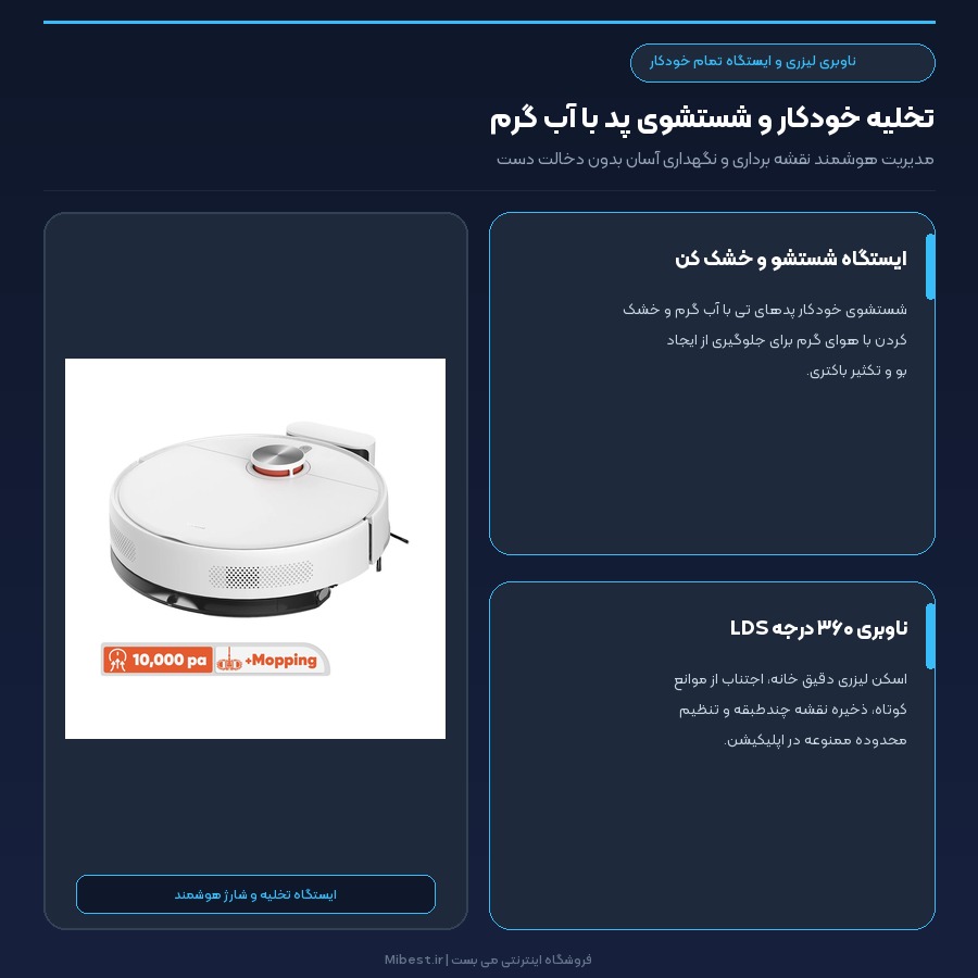 جارو رباتیک هوشمند شیائومی میجیا Xiaomi Mijia مدل S40 Pro 5 ناوبری لیزری و شستشوی پد با آب گرم جارو رباتیک شیائومی S40 Pro
