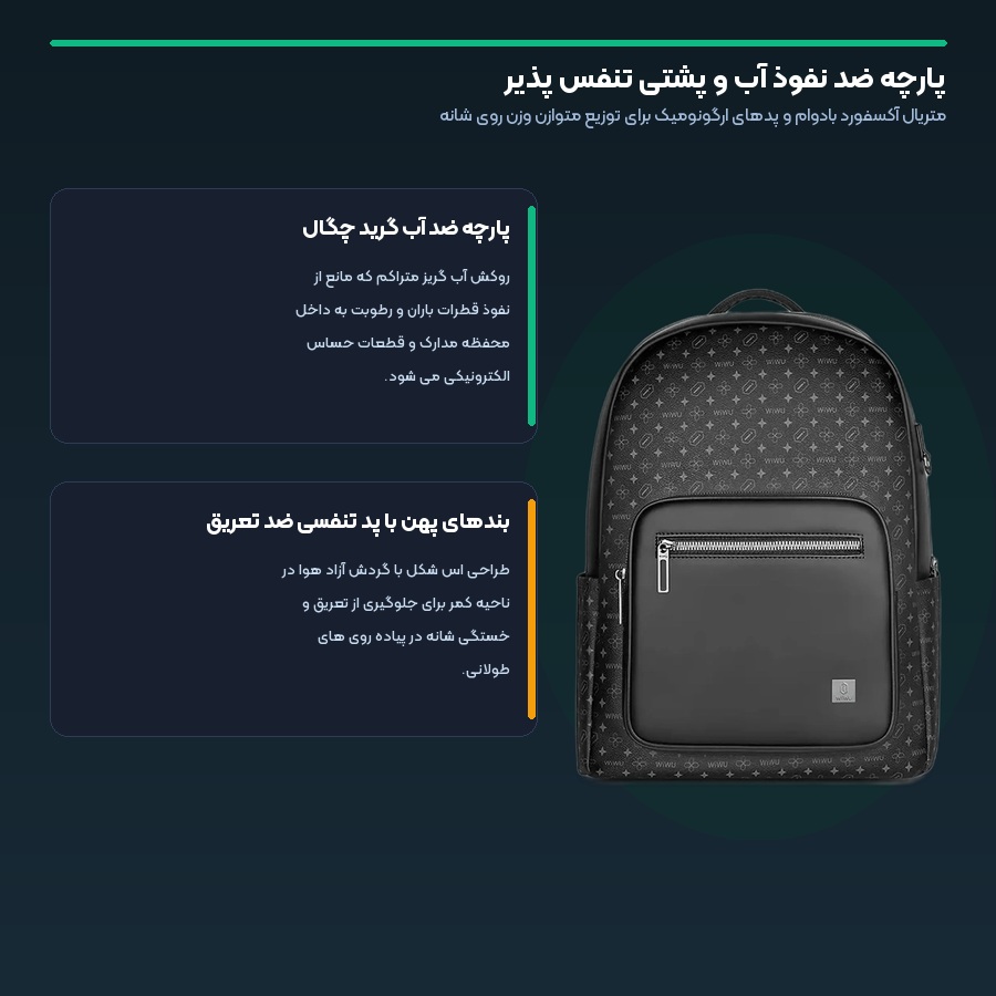 کوله پشتی لپ تاپ ضد آب ویوو WIWU مدل Master Pro 5 پارچه ضد آب آکسفورد و طراحی ارگونومیک کوله پشتی لپ تاپ ویوو مدل Master Pro